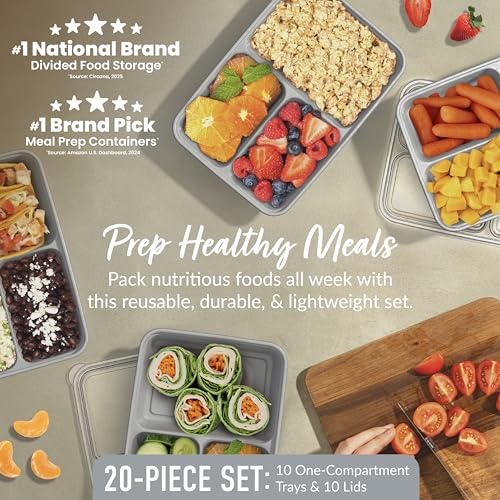 Prep 3 Compartment Meal Prep Containers with Lids (Silver)