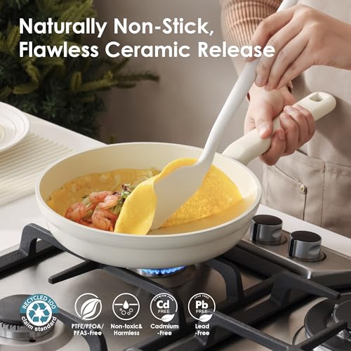 Ceramic Nonstick Pots and Pans Set (Creamy White / 17pcs)
