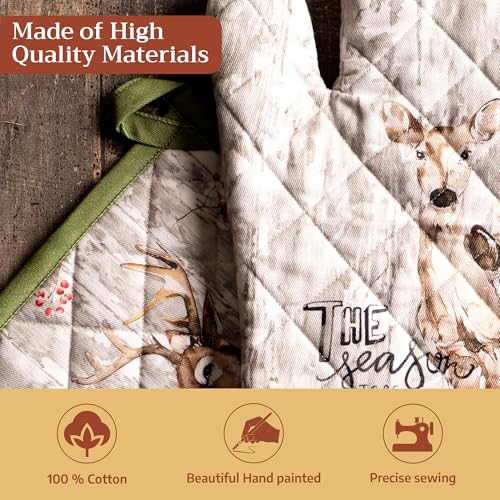 100% Cotton Oven Mitt & Pot Holder Set (091 - Mountain Life / 7.5" x 13" & 8" x 8" (Oven Mitt & Pot Holder))