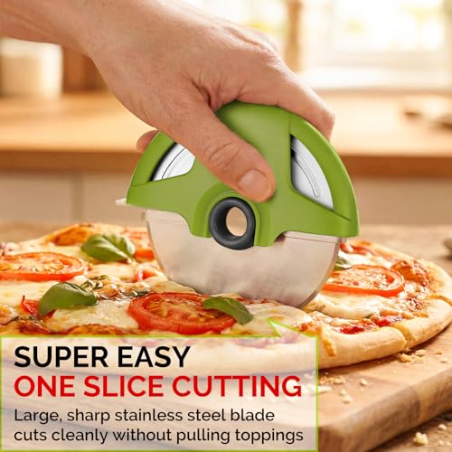 4.3" Palm Grip Pizza Cutter with Blade Cover for Thick Crusts (Green)