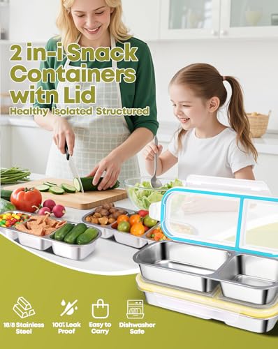 2 Pack Stainless Steel Snack Containers (2 compartment Blue Yellow)