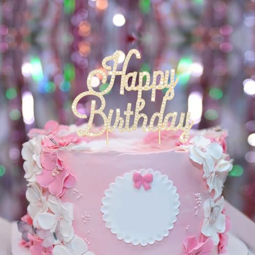 Gold Happy Birthday Cake Topper Metal Rhinestones Birthday Cake Decorations for Women (happy birthday)