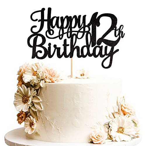 1 PCS Happy 12th Birthday Cake Topper Glitter Cheers to 12 Years Birthday Cake Pick 12 Fabulous Cake Decoration for Happy 13th Birthday Theme Party Decorations Supplies Black (Black / 12th)