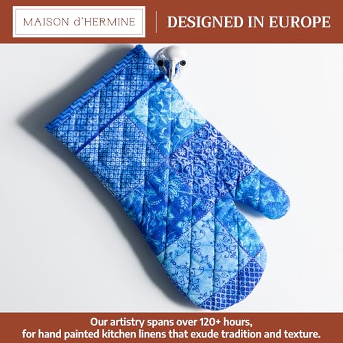 Maison d'Hermine Oven Gloves 100% Cotton Oven Mitt (027 - Indigo Love / 7.5" x 13" (Oven Mitt))