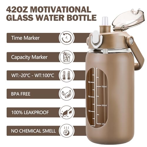 42oz Glass Water Bottles with Straw (Amber / 42 Ounces)