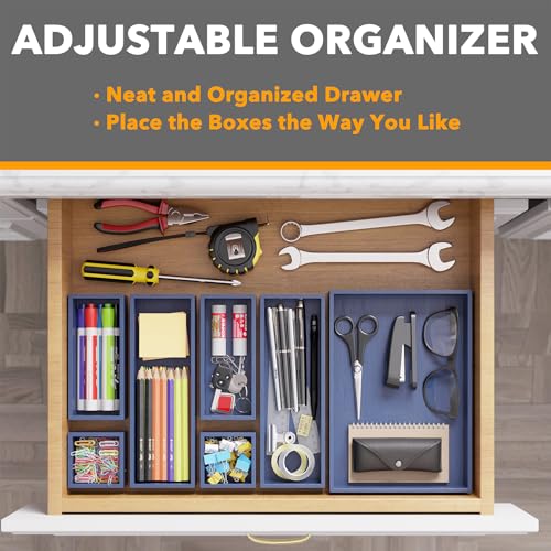7 Piece Bamboo Drawer Organizer Storage Boxes Set (7-Piece / Navy Blue)