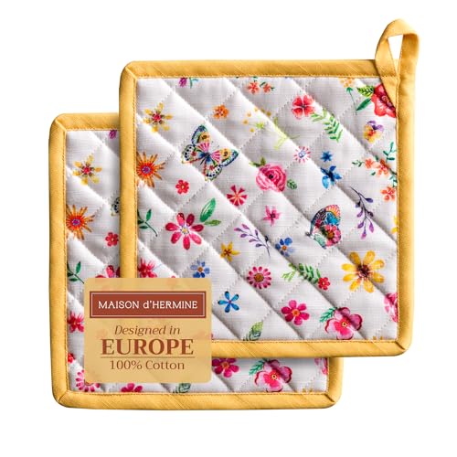 Pot Holders 100% Cotton Potholders (034 - Happy Florals - Sweety / 8" x 8" (Pot Holder Pack of 2))