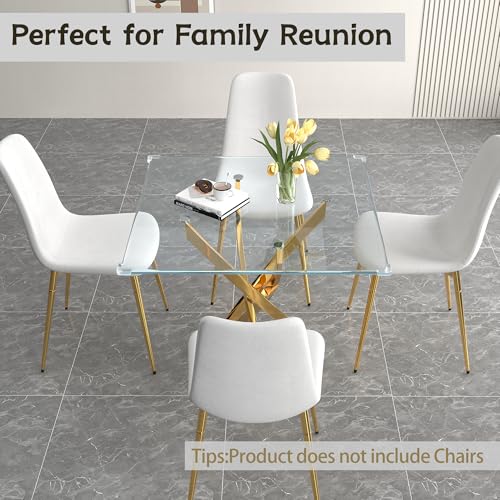 36" Square Glass Dining Table Set for 4 (Gold Square Table/White Velvet Chairs / 5 Pieces)