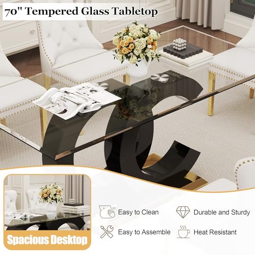 7 Piece Glass Dining Table Set for 6 (Black Table & Gold White Chair / 7-Piece Set-OC-Shaped Table)