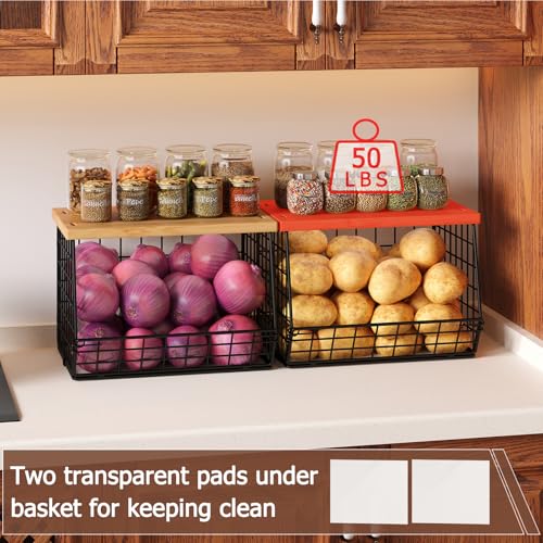 2 Set Stackable Wire Basket with Wooden Tops & Pad for kitchen organizers and storage (2pcs*11.8"*11.8"*18.9")