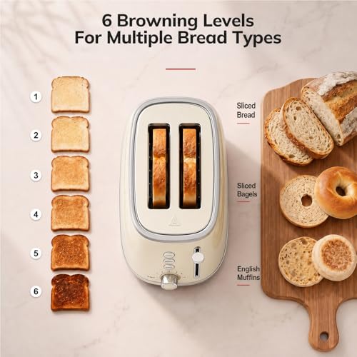 Toasters 2 Slice Retro Stainless Steel Toasters with Bagel (2 Slice / Beige)