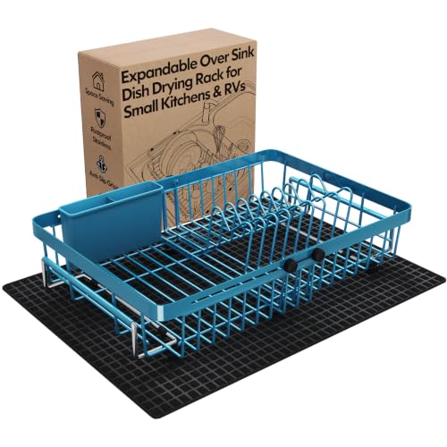 Blue Expandable Dish Drying Rack Over Sink with Extra Drying Mat (Blue / For 13"-30" W Sink with Mat)