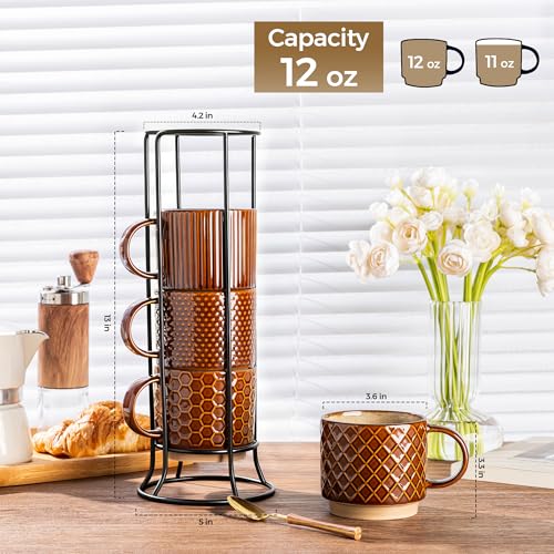 12 OZ Stackable Coffee Mugs Set of 4 (Caramel / 12oz (With Stand))