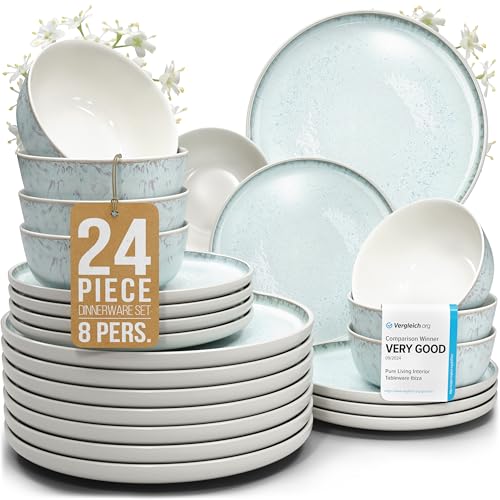 24 Piece Stoneware Dinnerware Set for 8 (Light / Beige Blue / Set for 8 (24pcs))