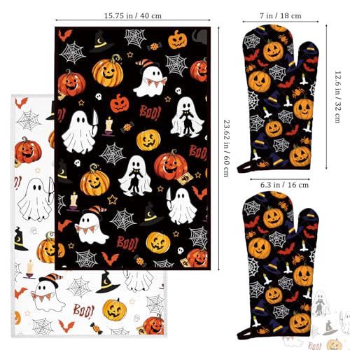 Halloween Pumpkin Kitchen Towels and Oven Mitts Set (Halloween)