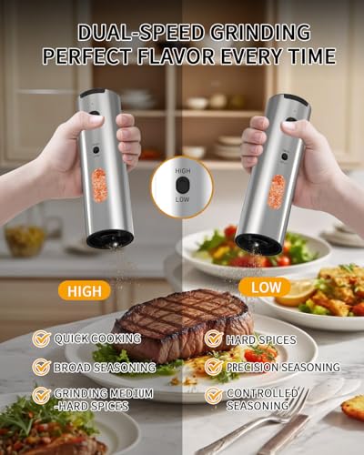Rechargeable Electric Salt and Pepper Grinder Set (2-Speed Silver)