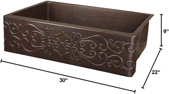 Premier Copper Products KASDB30229S 30-Inch Copper Hammered Kitchen Apron Single Basin Sink with Scroll Design, Oil Rubbed Bronze