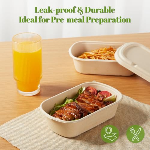 100% Eco Friendly] Disposable Food Containers with Lids (24 OZ)