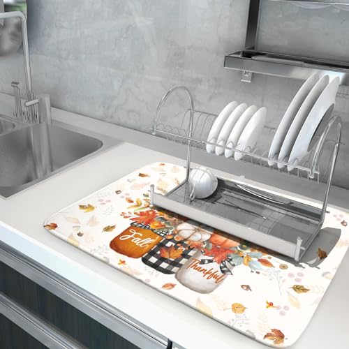 Autumn Pumpkin Dish Drying Mat 18x24 Inch Sunflower Flower Vase Washable Draining Mat with Hanging Loop Seasonal Holiday Home Decoration (Pumpkin Vase / 18" x 24")