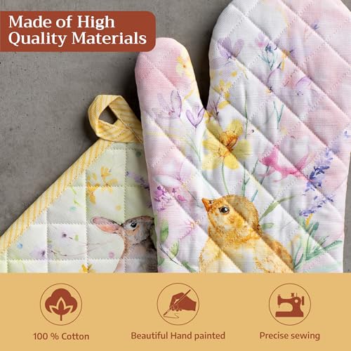 100% Cotton Oven Mitt & Pot Holder Set (095 - Easter Zest / 7.5" x 13" & 8" x 8" (Oven Mitt & Pot Holder))