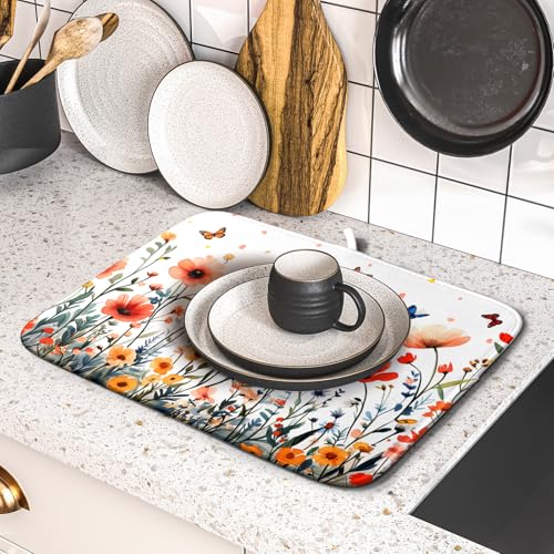Poppy Flower Dish Drying Mat 16x18 Inch Floral Leaves Dish Drainer Protector Pad Washable Reversible Drying Pad for Kitchen Counter Sink (Poppy Flower / 16" x 18")