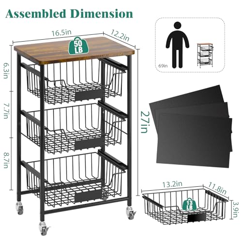 4 Tier Vegetable Fruit Basket Kitchen Storage Rolling Cart on Wheels with Pull (4 Tier / Black)