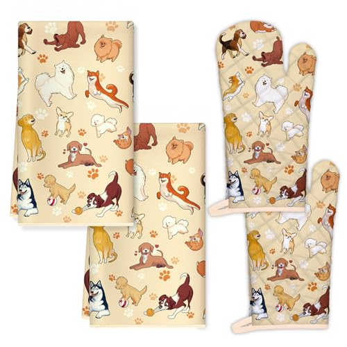 Cute Dogs Kitchen Towels and Oven Mitts Set 4Pcs (Dog)