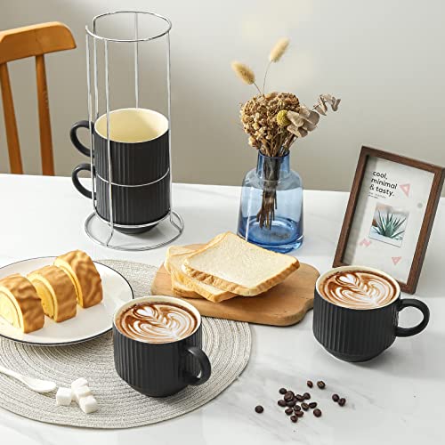 Coffee Mug Ceramic Set of 4 with Stand (Matte Black / 15 Ounces)
