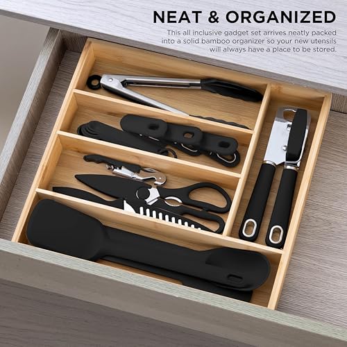 Bamboo Kitchen Utensil Set with Drawer Organizer (Black / 18 Piece Gadget Set)