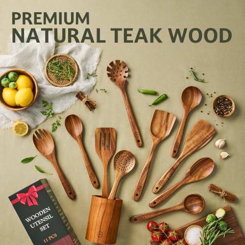 11 Piece Teak Wood Cooking Utensil Set with Holder (11 PCS Set)