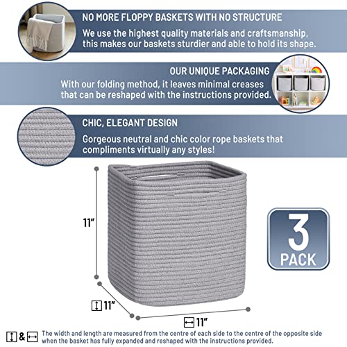 Storage Cubes 11 Inch Cotton Rope Woven Baskets for Organizing (Gray)