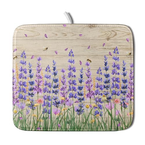 Lavender Floral Dish Drying Mat 16x18 inch Spring Summer Flower Decorative Fast Dry Dishes Drainer Mats Reversible Washable Dish Rack Pad (Lavender Floral / 16" x 18")