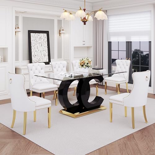 7 Piece Glass Dining Table Set for 6 (Black Table & Gold White Chair / 7-Piece Set-OC-Shaped Table)