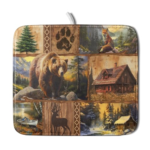 Bear Deer Fox Dish Drying Mat Rustic Cabin Lodge Dish Drainer Mats 16x18 Inch Absorbent Washable Dishes Rack Pad for Sink Kitchen Counter (Bear Deer Fox / 16" x 18")