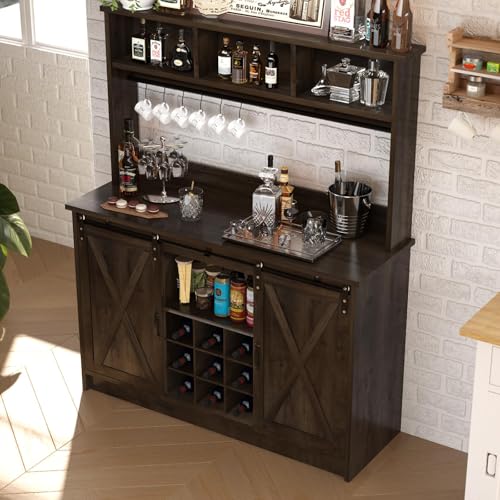 47" Farmhouse Coffee Bar with Storage Hutch & Wine Rack (48Inch / Oak)