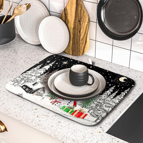 Winter Snowman Dish Drying Mat 18 X 16 in Black Microfiber Dish Pad Absorbent Holiday Kitchen Accessories (Winter Snowman Black / 18" x 16")