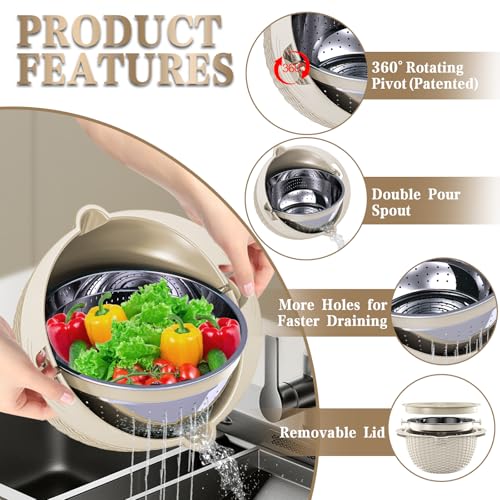 4-in-1 Colander with Bowl Set — Patented 360° Rotatable Strainer Bowl with 3 Graters, Snap-On Lid & Non-Slip Base, Funny Kitchen Present for Women, Aesthetic Pasta Fruit Vegetable Strainer (Beige)