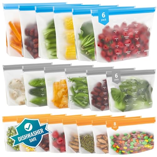 Reusable Bags Dishwasher Safe (Multicolor (6 Gallon + 6 Sandwich + 8 Snack))