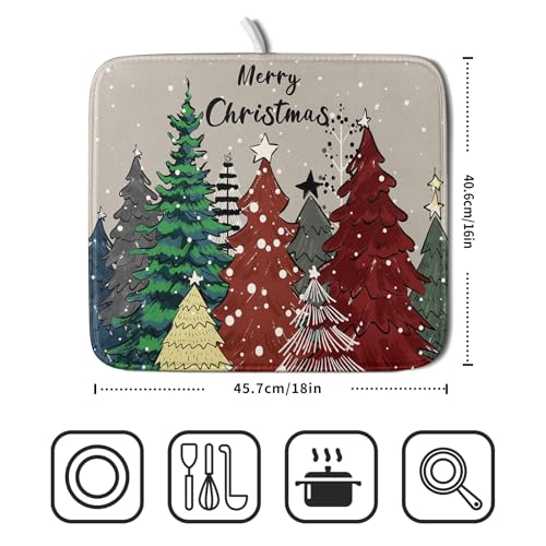 Christmas Trees Dish Drying Mat Winter Holiday Kitchen Dishes Pad 16x18 Inch Absorbent Reversible Fast Dry Draining Rack Pad for Countertop (Christmas Snow Trees / 16" x 18")
