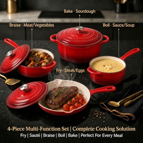 Nonstick Enameled Cast Iron Cookware Set (Red B)