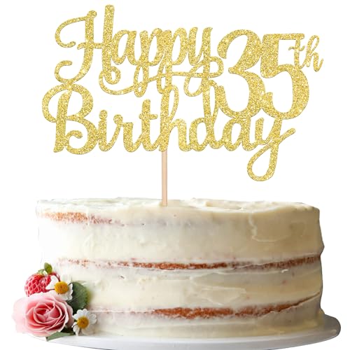 1 PCS Happy 35th Birthday Cake Topper Gold Glitter Cheers to 35 Years Birthday Cake Pick 35 Fabulous Cake Decoration for Happy 35th Birthday Theme Party Decorations Supplies (Gold / 35th)