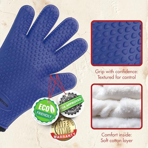 Silicone Griddle Grill Gloves Heat Resistant Oven Mitts (True Blue / One Size)