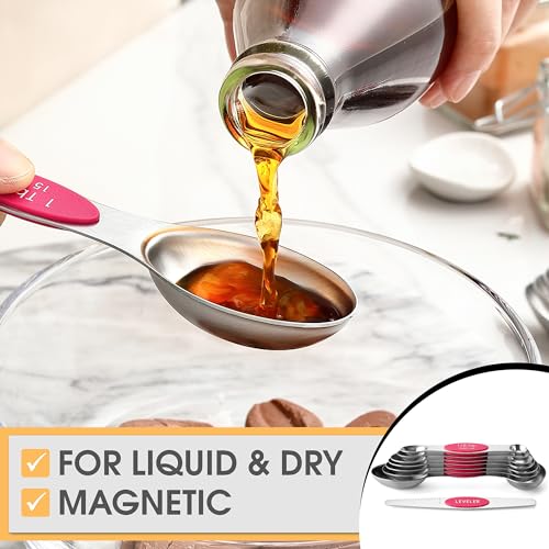 Dual Sided Magnetic Measuring Spoons Set of 8 for Kitchen (Pink / 1-Pack)