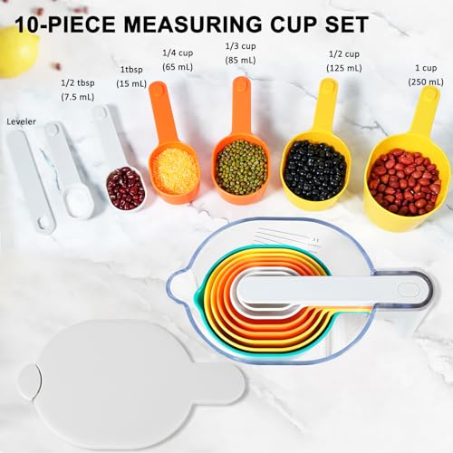 Stackable 10 Piece Measuring Cups and Spoons Set with White Lids