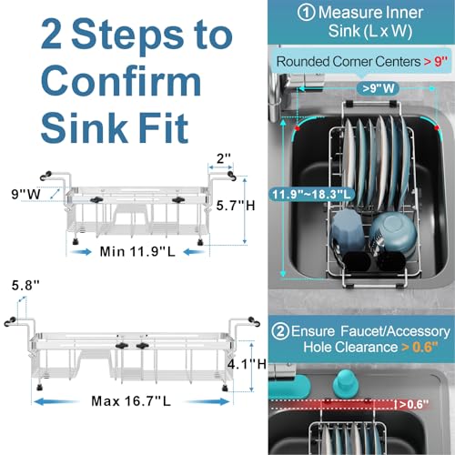 Small Over the Sink Dish Drying Rack (Silver / For 10"-30"W Sink, Expandable | 9"W Rack)