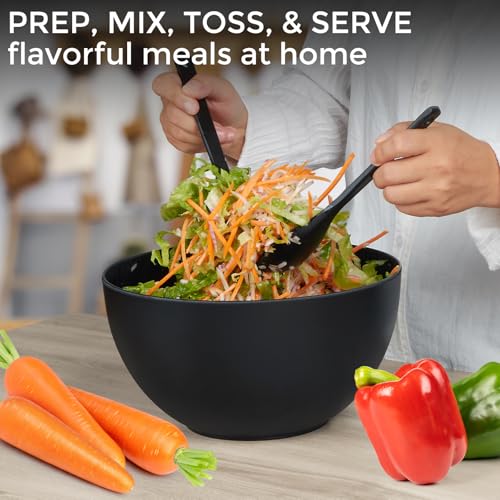 10" Large Salad Serving Bowl with Utensils in Lid (9.84 inch / Matte Black)