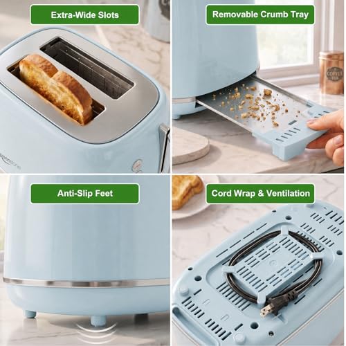 Retro 2 Slice Stainless Steel Toaster with 6 Bread Shade Settings (2 Slice / Blue)