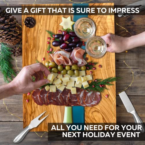 Handcrafted Italian Olive Wood Cheese & Charcuterie Board Set with Unique Blue Resin Artwork (Blue)