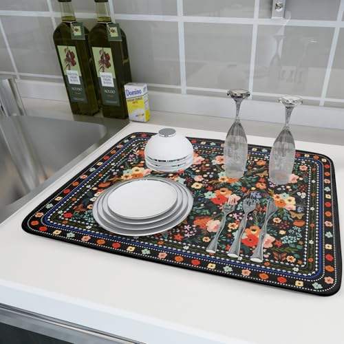 Floral Microfiber Dish Drying Mat Large Absorbent Dish Drainer Rack Pad for Kitchen Counter (Boho Floral Black / 24" x 18")