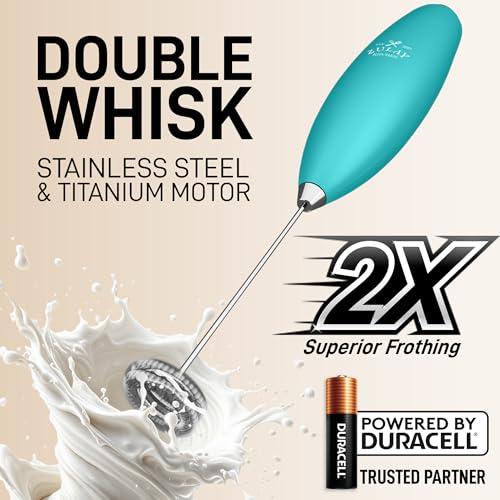 Powerful Milk Frother Wand With Duracell Batteries (Royal Aqua / Double Whisk + Batteries)